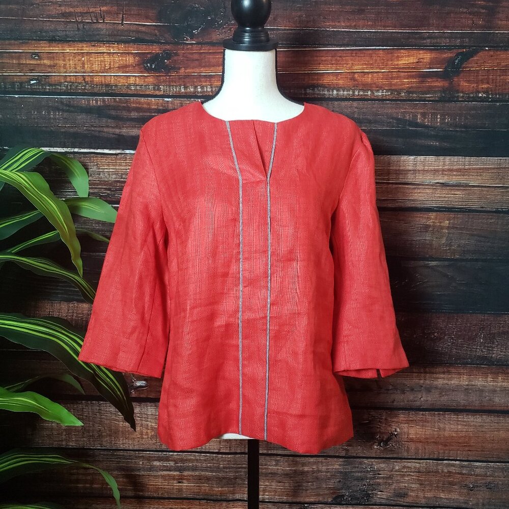 NWOT Vintage Pendleton Top 100% Linen Split Neck 3/4 Sleeve Red 10